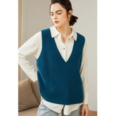Womens V - Neck Sleeveless Cashmere Vest Ribbed Trim Cashmere Waistcoat